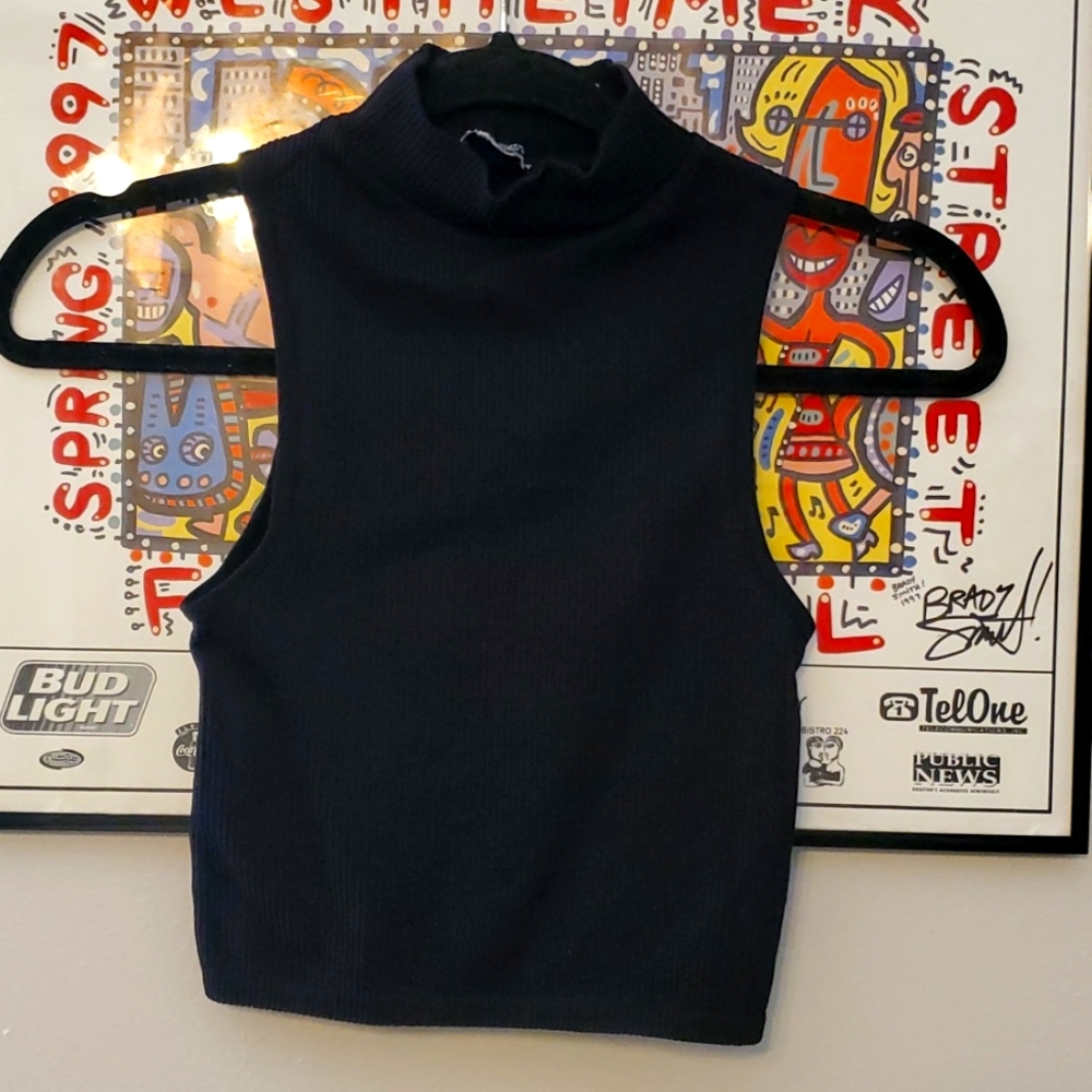 Zara Black Ribbed Stretchy Turtleneck Tank Top Size XS
